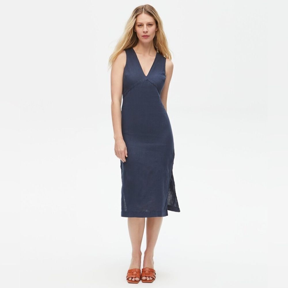 Michael Stars Women Hilary Sleeveless Shift Dress Linen V Neck Navy Blue XS